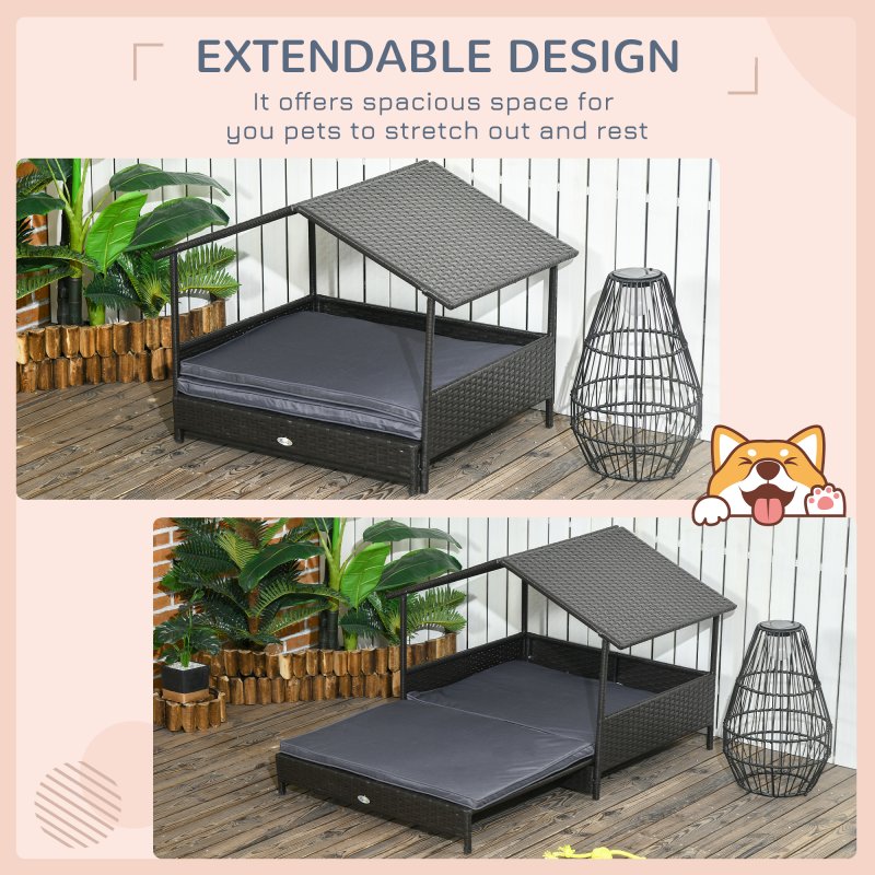 PawHut Rattan Dog House, Extendable Outdoor Wicker Dog Bed w/ Water-Resistant Roof, Removable Cushion, for Small and Medium Dogs - Grey