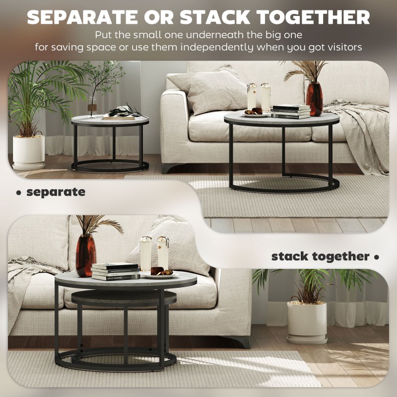 HOMCOM Nest of Tables, Round Coffee Table Set of 2,  Coffee Tables with Steel Frame for Living Room, Marble Grey