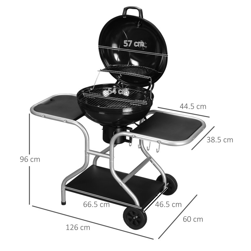 Outsunny Portable Charcoal Kettle Grill Outdoor Barbecue Trolley BBQ Heat Smoker Grilling with 2 Wheels, Storage Shelf and 4 Hooks, Free Standing, Black