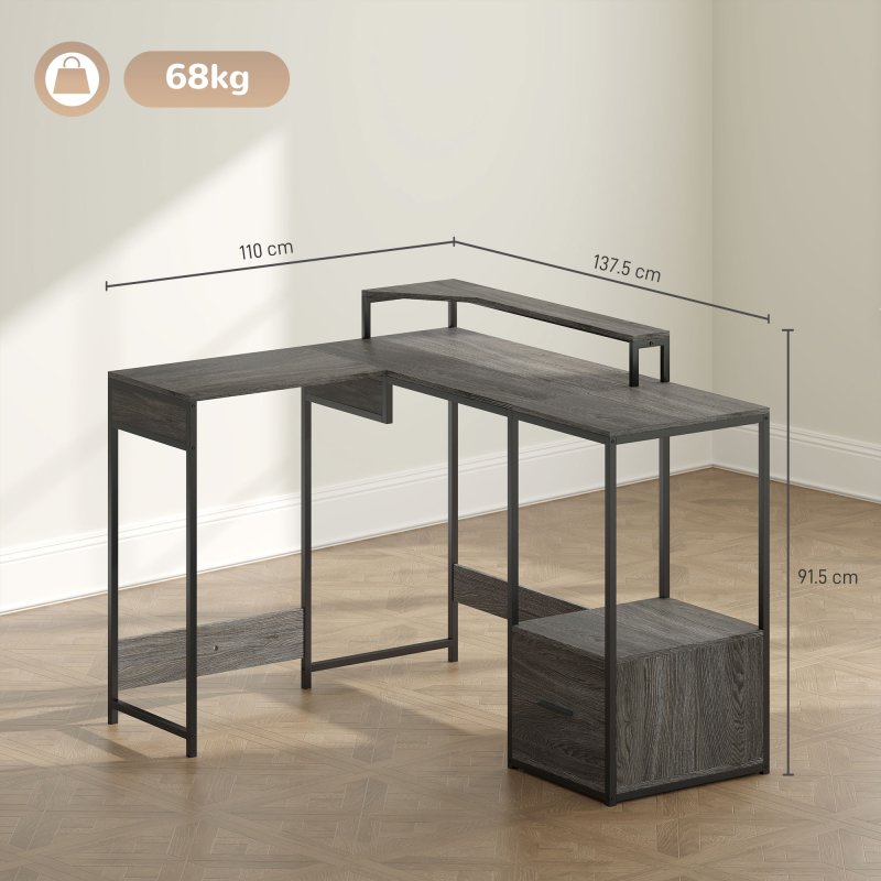 HOMCOM L Shaped Desk, Computer Desk with Liftable Desktop, Industrial Corner Desk with Drawer for A4/Letter Size, Home Office Desk with Monitor Stand for Home Office