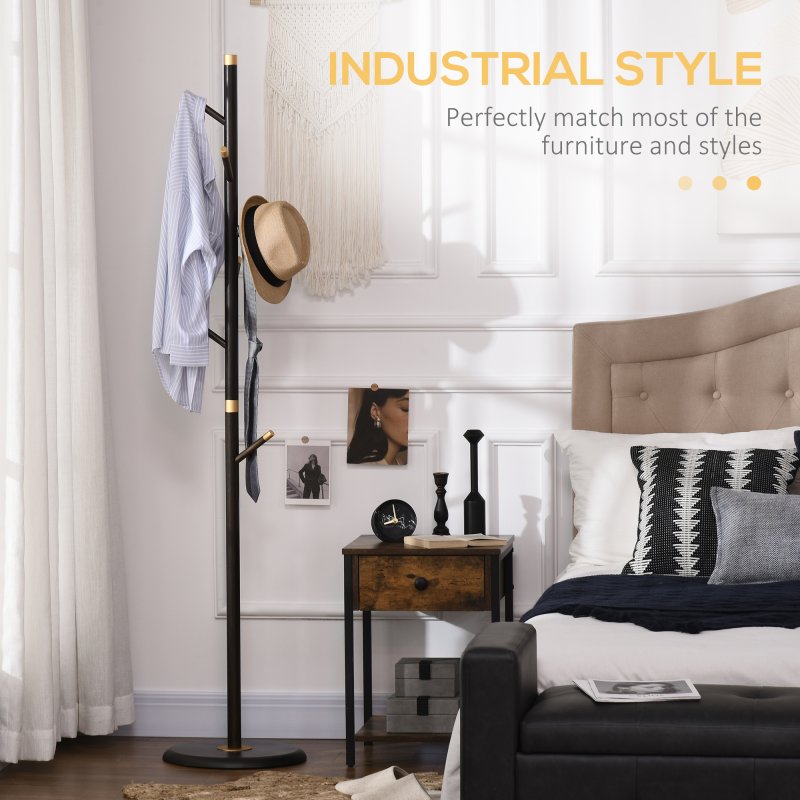 HOMCOM Coat Rack, Freestanding Coat Stand with 6 Hooks and Bamboo Frame for Entryway, Hallway, Bedroom, Living Room, Walnut