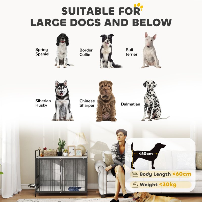 PawHut Dog Crate Furniture with 2 Rotatable Bowls, Dog Crate End Table with 2 Anti-Escape Doors, Storage Shelf, for Large Dogs, 100 x 60 x 88 cm, Grey