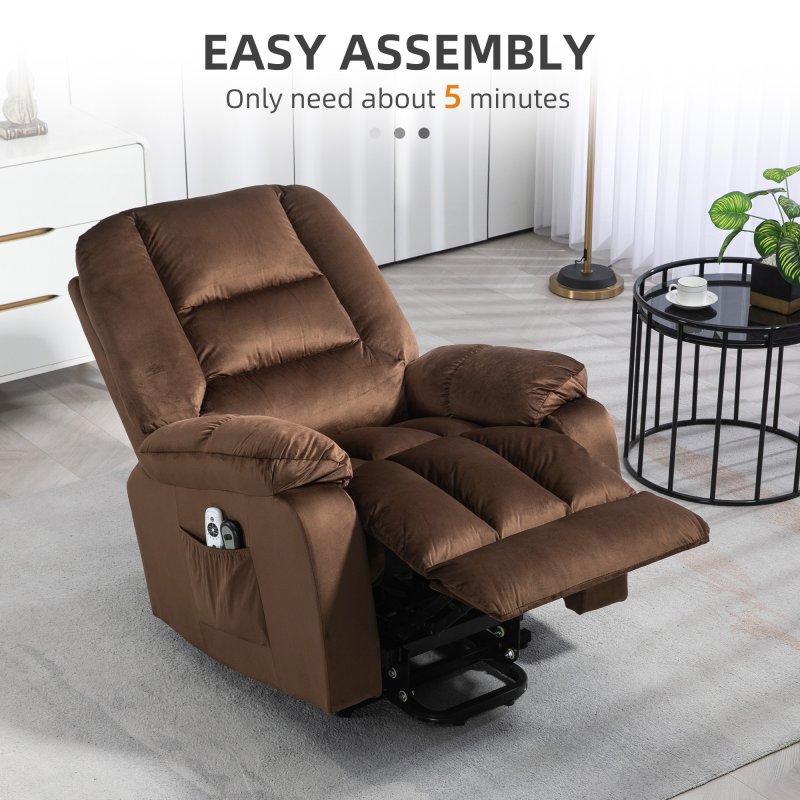HOMCOM Velvet Riser and Recliner Chair for the Elderly, Quick Assembly, Fabric Overstuffed Lift Chair with Vibration Massage and Heat, Remote Control, Side Pockets, Dark Brown