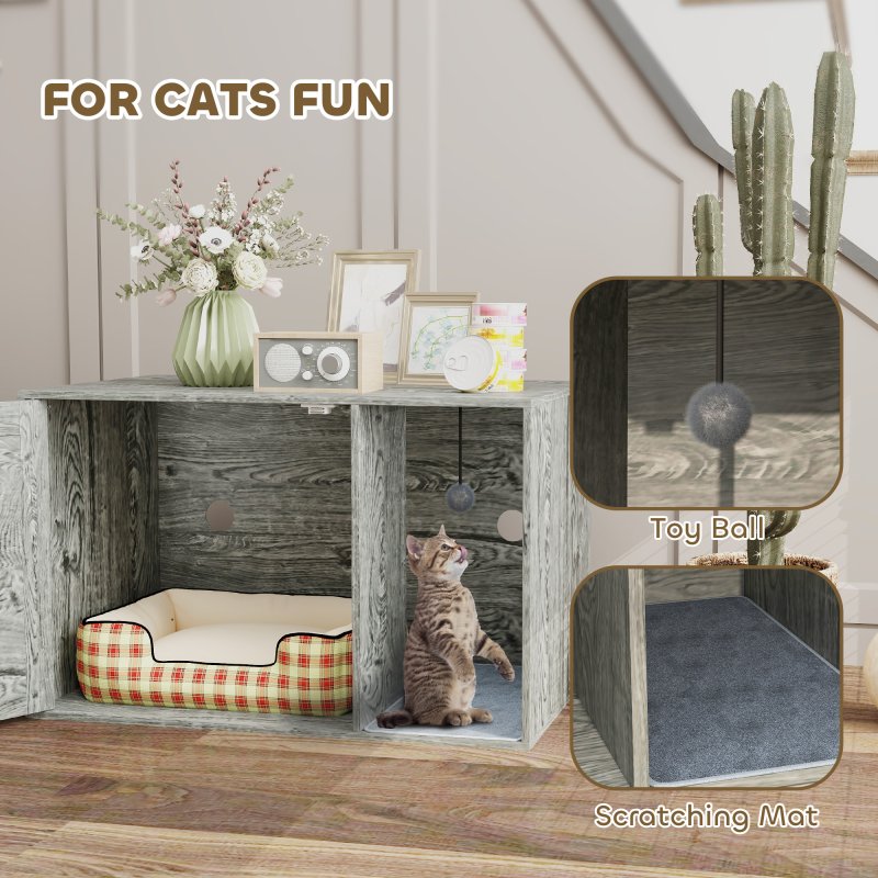 PawHut Cat Litter Box Enclosure with Rattan Door, Boho Style Hiddern Litter Box Furniture, Cat House End Side Table with Scratching Mat, Toy Ball, Non-slip Foot Pads, 80 x 50 x 50cm, Grey
