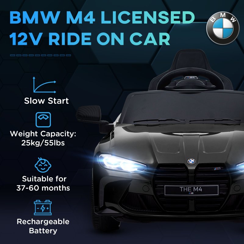 AIYAPLAY BMW M4 Licensed Electric Car for Kids, 12V Kids Electric Ride on with Remote Control, Suspension, Music, Horn, LED Lights, for Ages 3-5 Years, Black