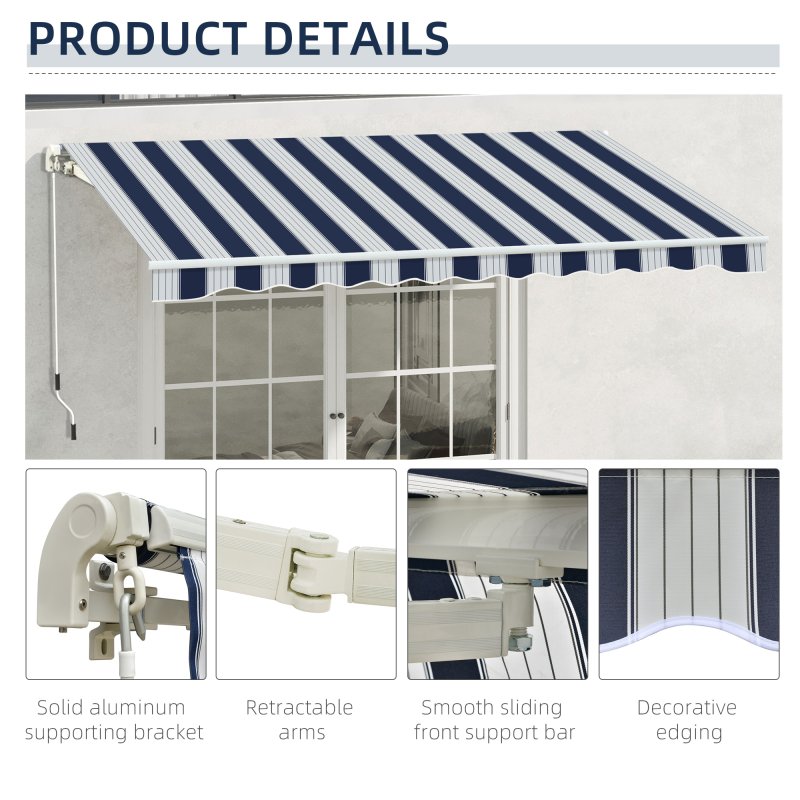Outsunny 3m x 2.5m Garden Patio Manual Awning Canopy Sun Shade Shelter with Winding Handle Retractable Blue and White