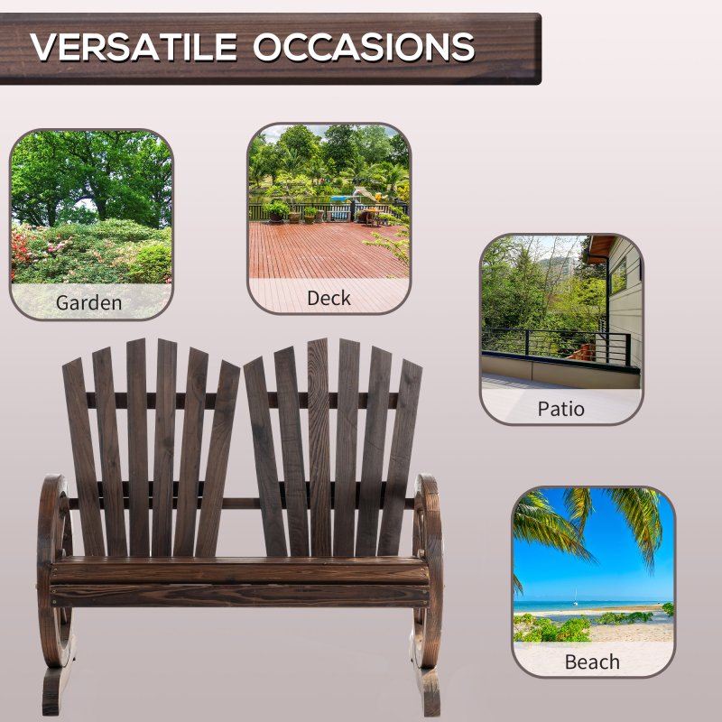 Outsunny 2 Seater Garden Bench, Comfortable Fir Wood Love Chair with Wagon Wheel-Shaped Armrests, Outdoor Adirondack Wooden Loveseats, Carbonized Colour