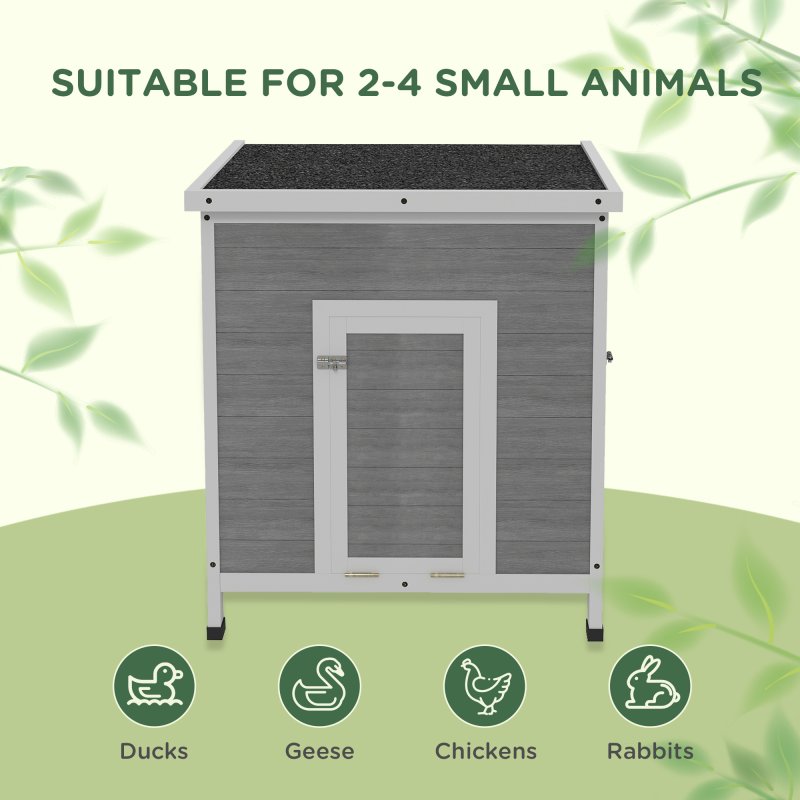 PawHut Wooden Duck House, Raised Poultry Coop with Ramp, Double Doors, Openable Asphalt Roof, Ventilation Holes, Removable Base, for 2-4 Ducks, Chickens, Geese, Light Grey