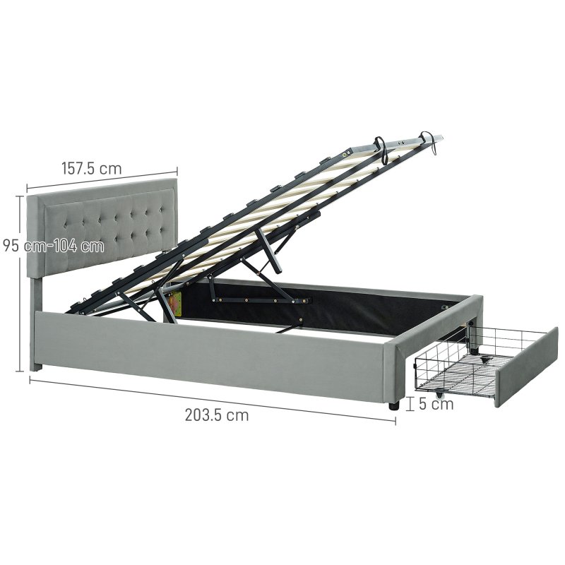 HOMCOM Double Ottoman Bed Frame with Hydraulic Lifting Storage, Wheeled Drawer, Adjustable Velvet Upholstered Headboard, Wooden Slats Mattress Foundation, No Box Spring Needed, Grey