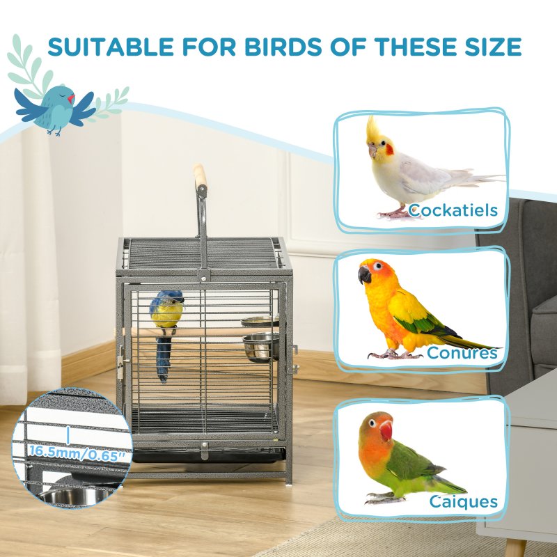 PawHut Bird Cage Budgie Cage for Budgie, Lovebirds, Green Cheek Canary, Parakeet, Cockatiel, Travel Breeding Cage w/ Wooden Perch Handle, 48 x 38 x 65 cm