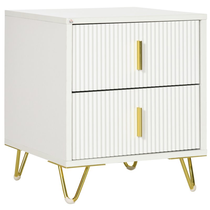 HOMCOM Modern 2 Drawer Dresser, Fluted Bedroom Dresser Chest of Drawers with Metal Legs and Steel Handles for Bedroom, White