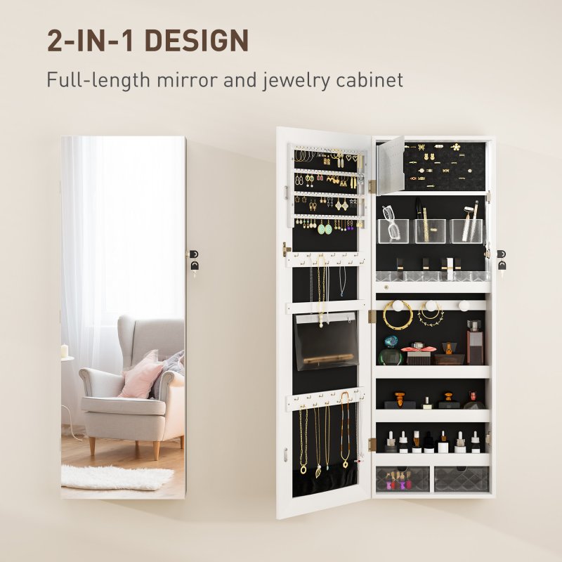 HOMCOM Jewellery Cabinet with LED Lights, Door Hanging or Wall Mounted Full Length Mirror with Storage, Lockable Jewellery Organiser, White Surface and Black Lining