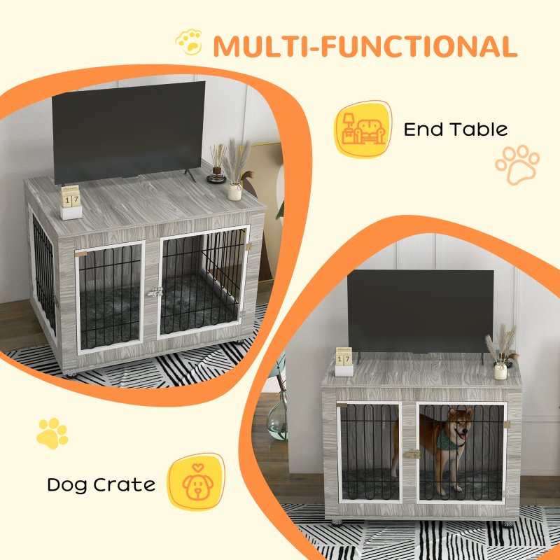 PawHut Dog Crate Furniture, Side End Table, Indoor Dog Kennel with Soft Washable Cushion, Wire Mesh, Large Top, for Large Dogs, 106 x 74 x 81.5, Grey
