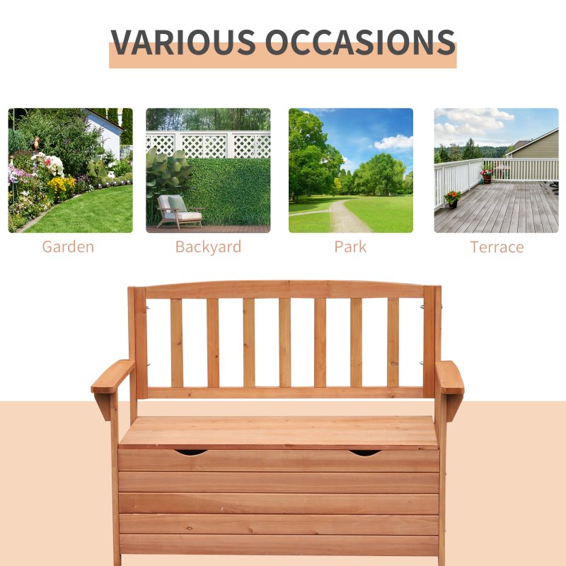 Outsunny Outdoor 2 Seater Garden Bench, Wooden Bench with Storage, Garden Storage Bench with Backrest, Arm Rests for Outdoor Patio Porch, 112 x 84 x 58 cm, Natural