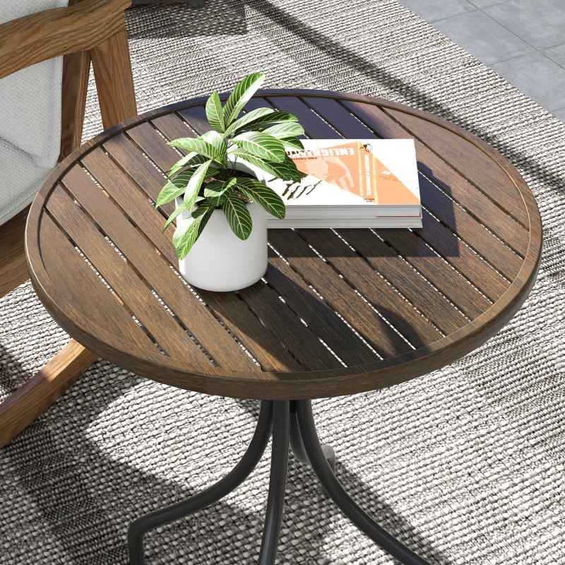 Outsunny 66cm Garden Side Table, Round Bistro Coffee Table, Outdoor Patio Table with Steel Frame and Slat Tabletop for Balcony and Porch, Brown Wood Grain