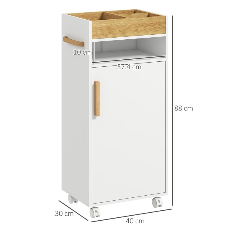 kleankin Bathroom Cabinet with Wheels, Bathroom Storage Cabinet with Cushioned Door, Removable Tray, Open Compartment and Adjustable Shelves for Washroom, White