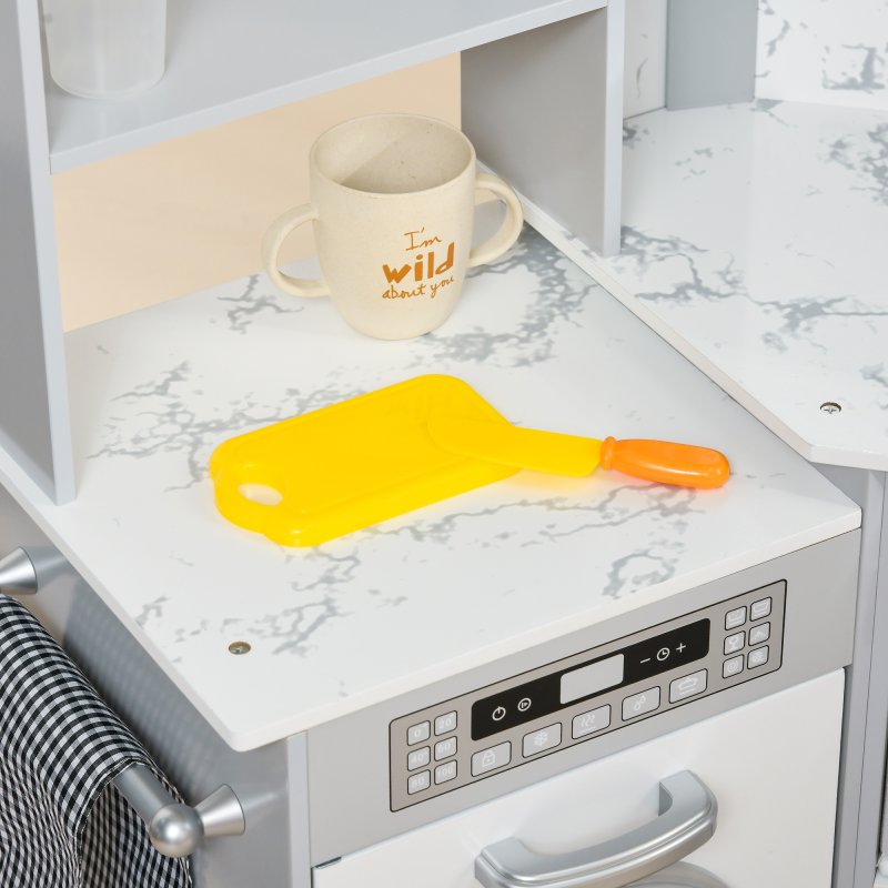 AIYAPLAY Toy Kitchen Playset, Kids Play Kitchen, Role Playing Game with Running Water, Lights, Sounds, Apron and Chef Hat, Water Dispenser, Sink, Utensils, Ages 3-6 Years - Grey