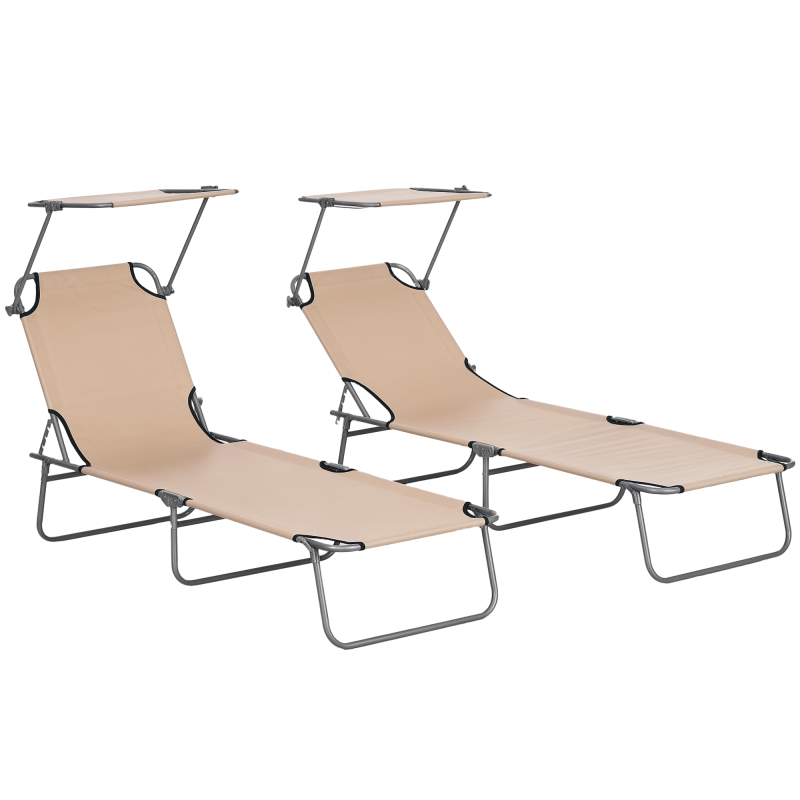 Outsunny Outdoor Foldable Sun Lounger Set of 2, 4 Level Adjustable Backrest Reclining Sun Lounger Chair with Angle Adjust Sun Shade Awning for Beach, Garden, Patio, Sand