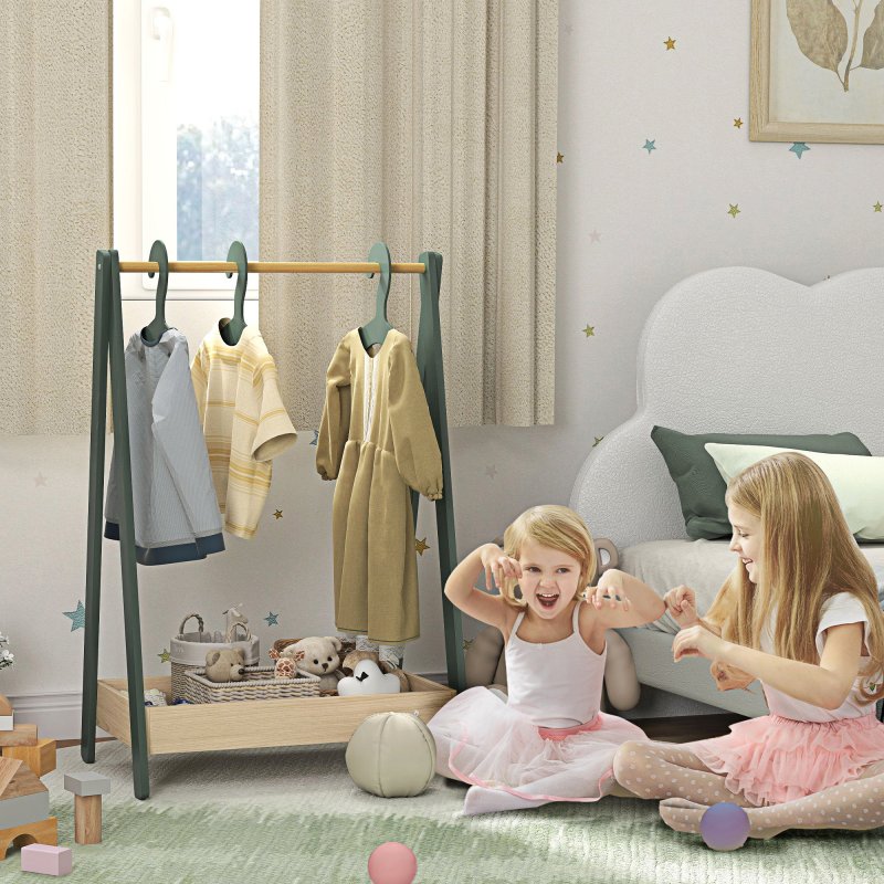 CHINESE AIYAPLAY Kids Clothes Rail, Children Dress Up Rail with 3 Hangers, Bottom Storage Shelf, Gift for Girls, Boys, Nursery, Bedroom, Green