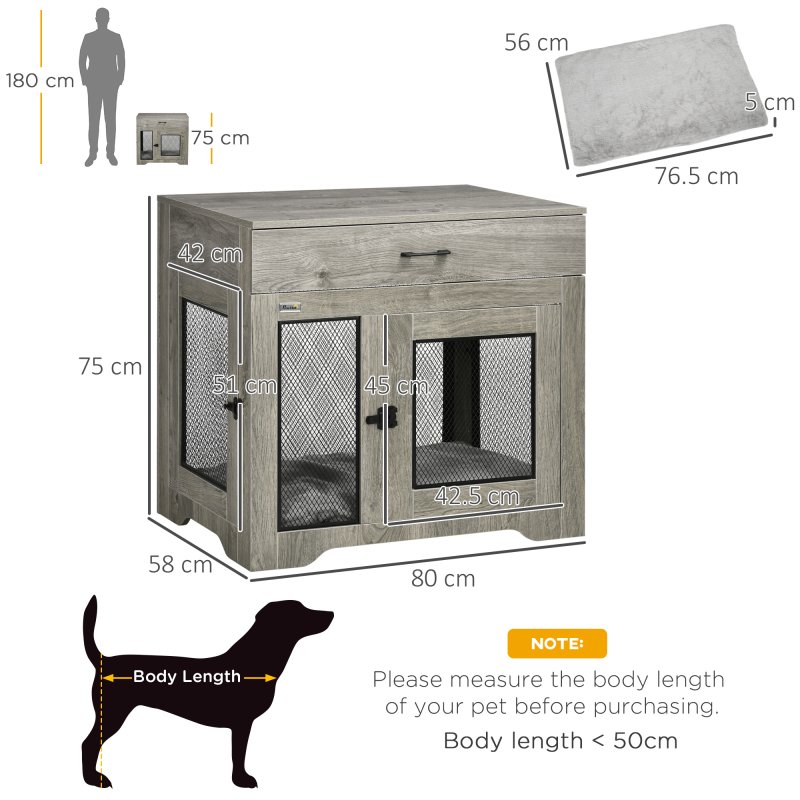 PawHut Indoor Dog Crate Furniture with Cushion, Double Doors, Pet Kennel End Table with Drawer, for Medium Dogs - Grey