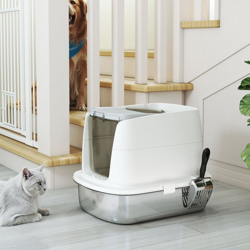 PawHut Stainless Steel Litter Box with Lid, Large Hooded Cat Litter Tray with Flip Cover, Metal Scoop, Deodoriser Bag, Non-Sticky, Odour Control and Easy Clean, White