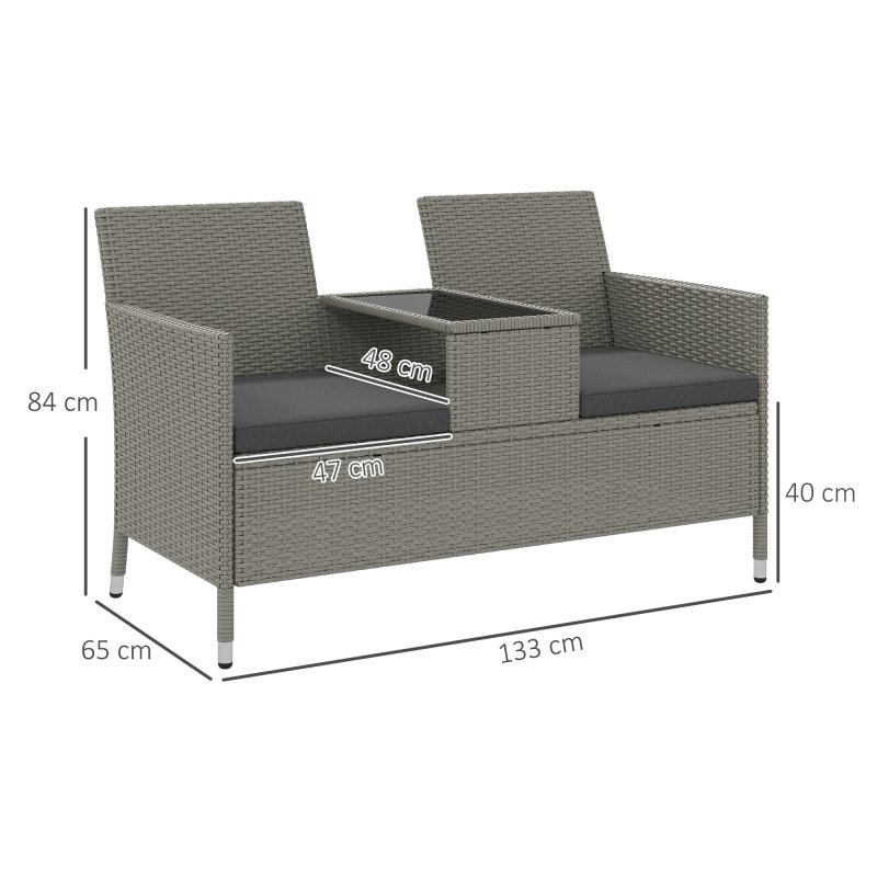 Outsunny 2 Seater Rattan Sofa with Cushions, Wicker Garden Loveseat with Armrests, Outdoor Garden Sofa Couch with Metal Frame for Patio, Grey