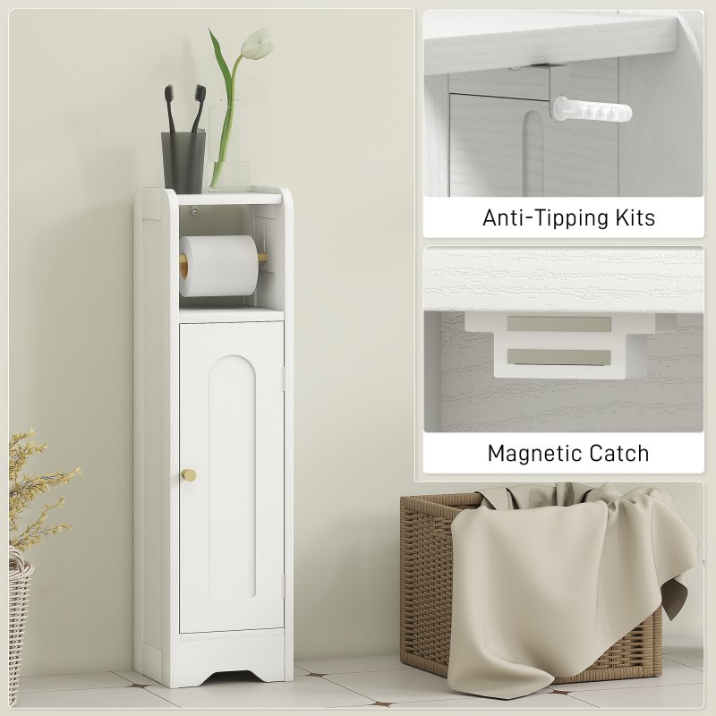 HOMCOM Small Bathroom Storage Cabinet, Freestanding Toilet Roll Holder, Slim Bathroom Cabinet with Adjustable Shelf for Small Spaces, White