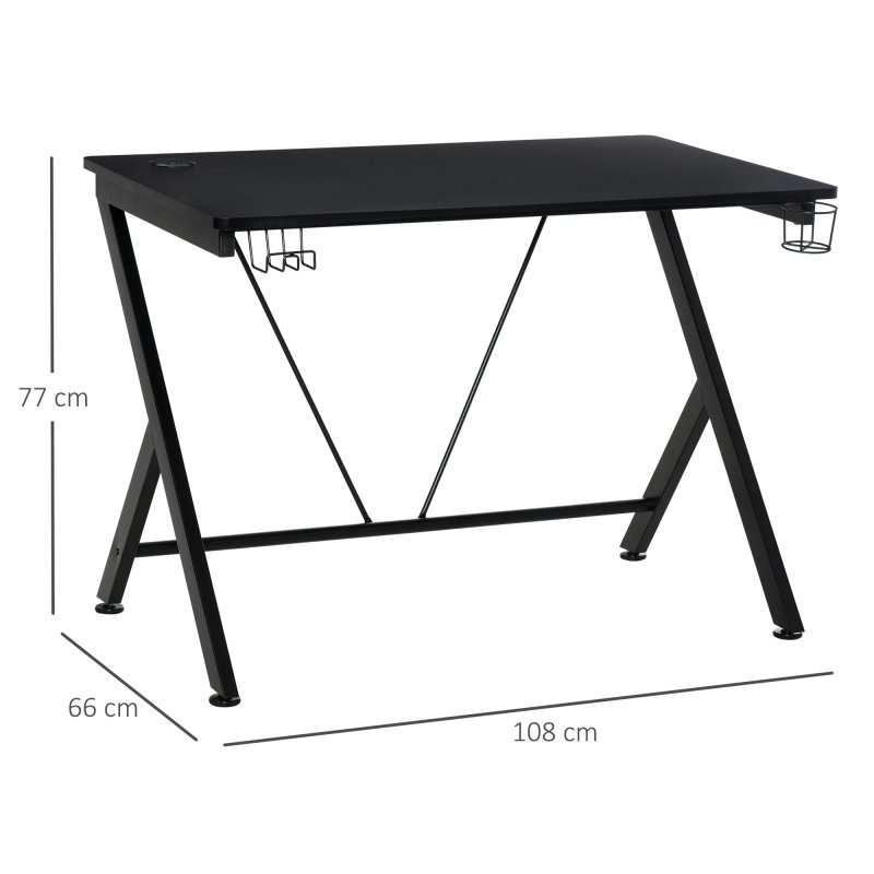 HOMCOM Gaming Desk 108 x 66 cm PC Computer Desk with Whole Board, A Shaped Gaming Table for Home Office with Cup Holder and Headphone Hook, Black