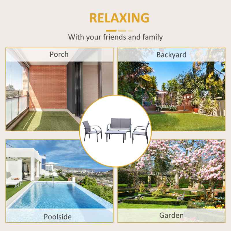 Outsunny 4 Pcs Curved Steel Outdoor Furniture Set w/ Loveseat, 2 Texteline Seats, Glass Top Table Garden Balcony Patio Furniture For Family Party Events Guests -Grey