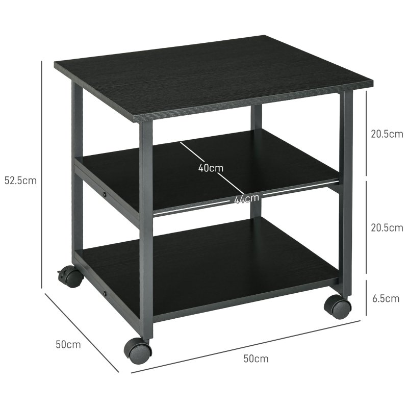 HOMCOM 3-Tier Printer Stand with Storage Shelf, Mobile Printer Table on Wheels, 50 x 50 x 52.5cm Rolling Printer Cart for Home Office, Black