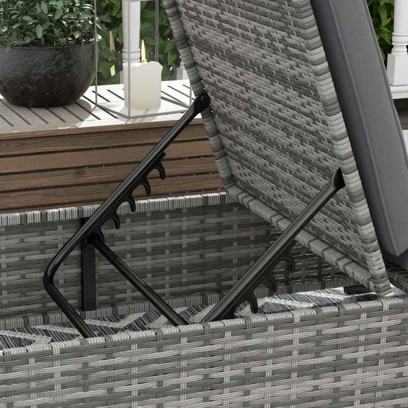 Outsunny Outdoor Patio PE Rattan Lounger with Cushion, 5-Level Reclining Wicker Rattan Sun Lounger with Tea Tray, for Poolside, Patio, Deck, 120kg Weight Capacity, Grey