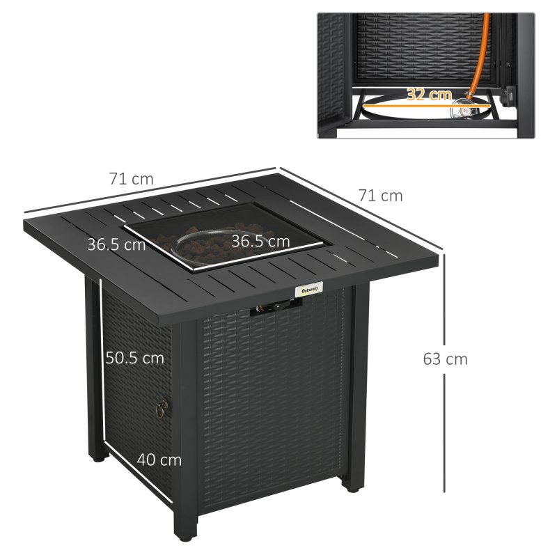 Outsunny Rattan-style Propane Gas Fire Pit Table with 40,000 BTU Burner, Square Smokeless Firepit Patio Heater with Thermocouple, Lava Rocks, Waterproof Cover, Spark Guard and Lid, Black