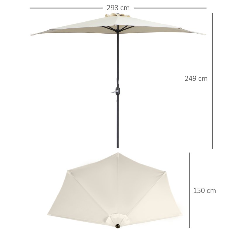 Outsunny 3(m) Half Parasol, Semi Round Umbrella with Metal Frame, Crank Handle for Balcony, Garden, Cream White