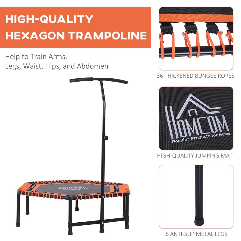 HOMCOM 48" Mini Fitness Trampoline Rebounder Indoor Outdoor Mini Jumper with Adjustable Handle Hexagonal Orange