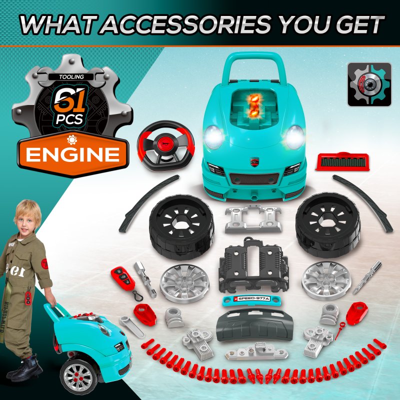 HOMCOM Kids Truck Engine Toy Set Toddler Educational Car Service Station w/ RC Car Key Steering Wheel Horn Light, Mechanic Gifts for Ages 3-5 Years - Teal