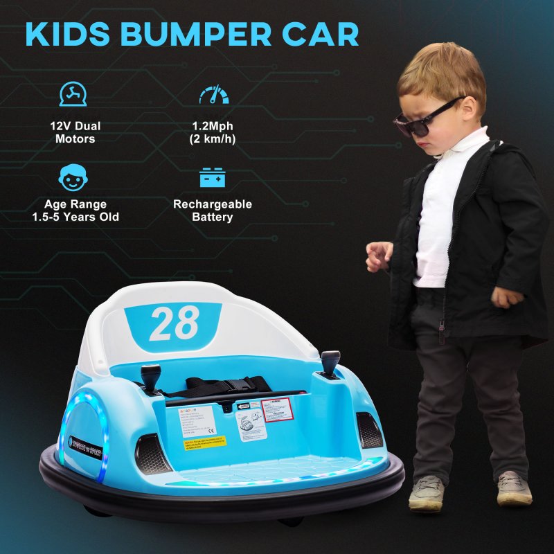 AIYAPLAY Kids Bumper Car, 360 Rotation 12V Waltz Car, Battery Powered Ride-On Toy with Remote Control, Dual Joystick, Music, USB, LED Lights, Horn, for Ages 1.5-5 Years, Blue