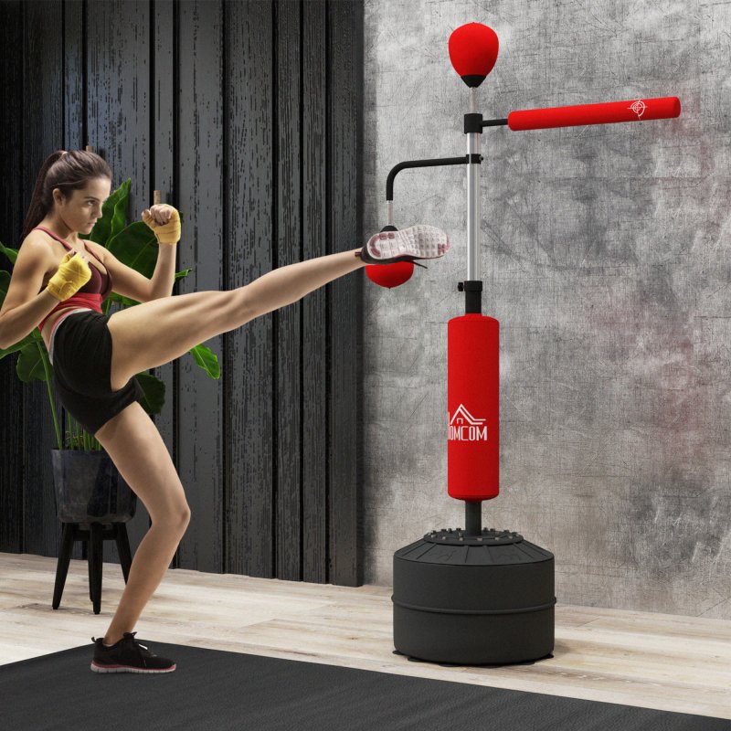 HOMCOM 4-in-1 Boxing Punching Bag Free Standing with 2 Speed Balls, 360 Degree Relax Bar, PU-Wrapped Boxing Bag and Fillable Base, 160-230cm Adjustable Height, Red