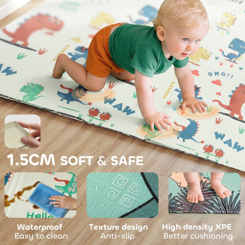 AIYAPLAY Baby Play Mat Double Sided, Foldable & Reversible Activity Playmat, Waterproof Kids Foam Crawling Mat for Outdoor Indoor Playtime Picnics, 177 x 146 x 1.5cm, Dinosaur Theme