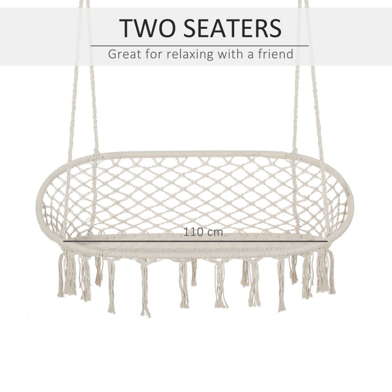 Outsunny 2-Seater Hanging Hammock Chair, Cotton-Polyester Blend Macrame Hanging Rope Chair with Metal Frame, for Patio, Garden, Balcony, Living Room, Cream White