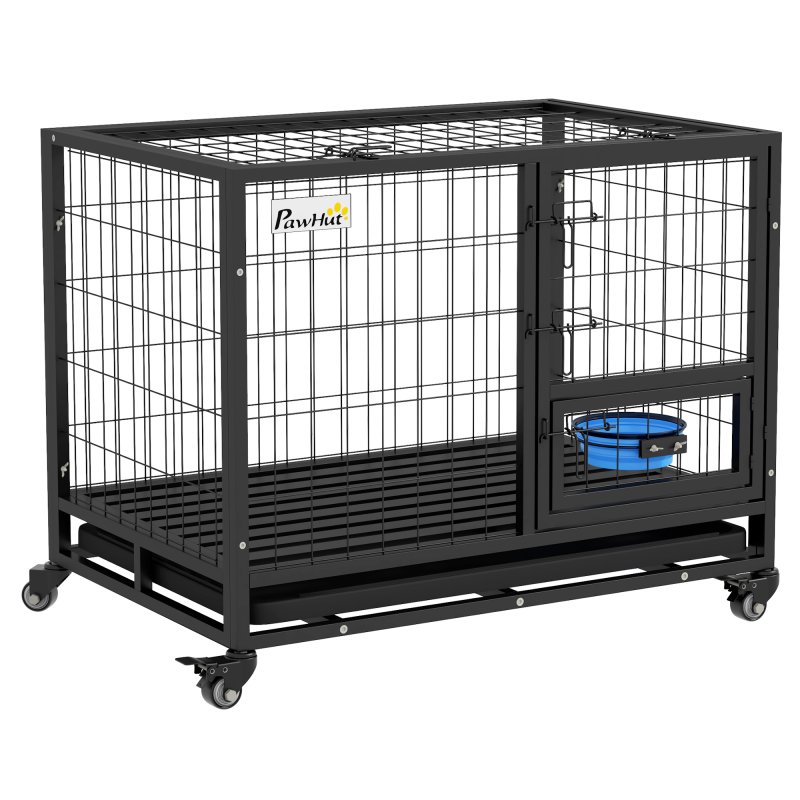 PawHut 36" Heavy Duty Dog Crate with Bowl Holder, Dog Cage on Wheels with Removable Tray, Openable Top, Detachable Door, Indoor Outdoor Use, for Medium and Large Dogs - Black