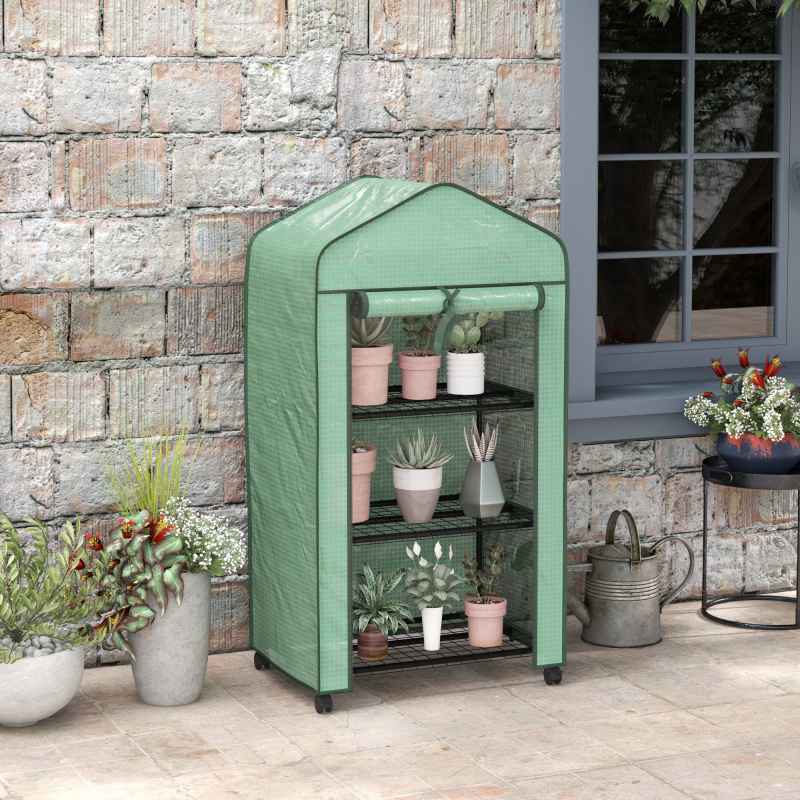 Outsunny 3 Tier Mini Greenhouse with Reinforced PE Cover and Wheels, Portable Small Greenhouse with Roll-up Door and Wire Shelves, 130H x 69W x 49D cm, Green