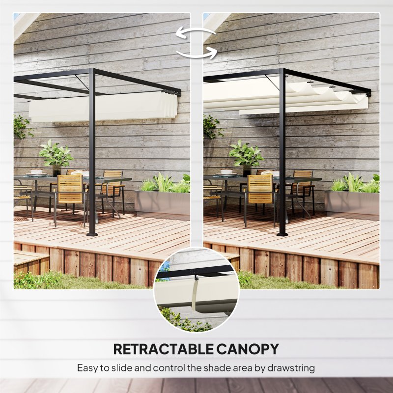 Outsunny 3 x 3(m) Outdoor Lean To Pergola Retractable Canopy Wall Mounted Gazebo Patio Shelter Sun Shade, Cream White