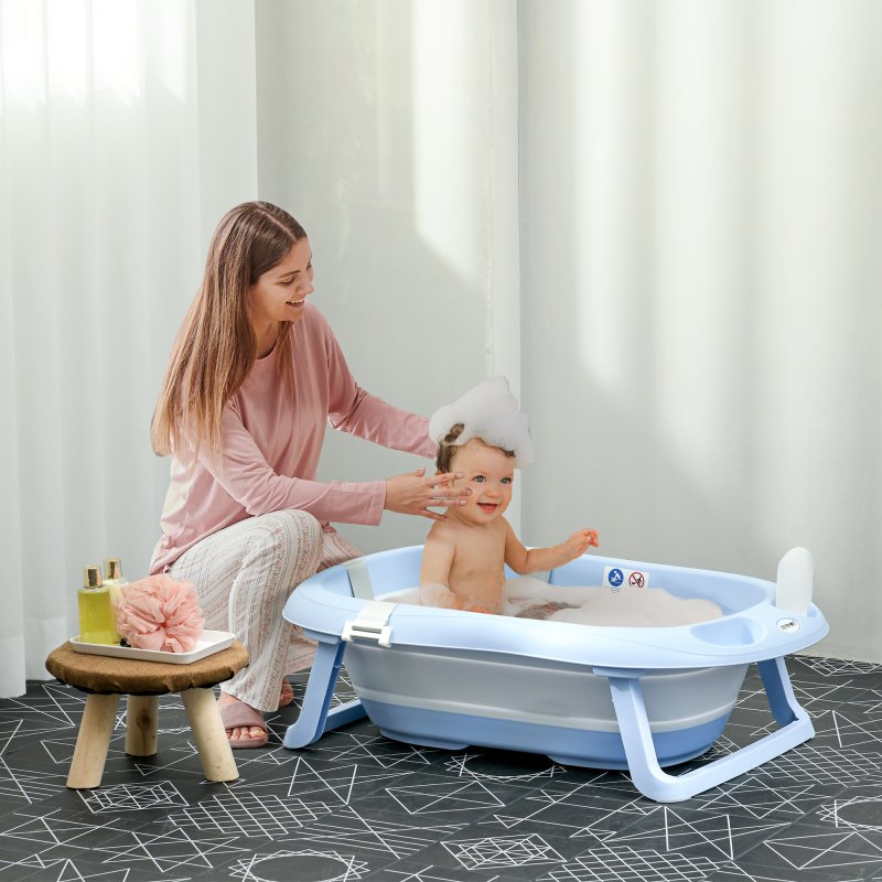 ZONEKIZ Foldable Baby Bath Tub Set, Collapsible Bathtub Antibacterial with Non-Slip Support, Cushion Pad, Shower Head Holder, for Newborn to Toddler Ages 0-6 Years - Blue
