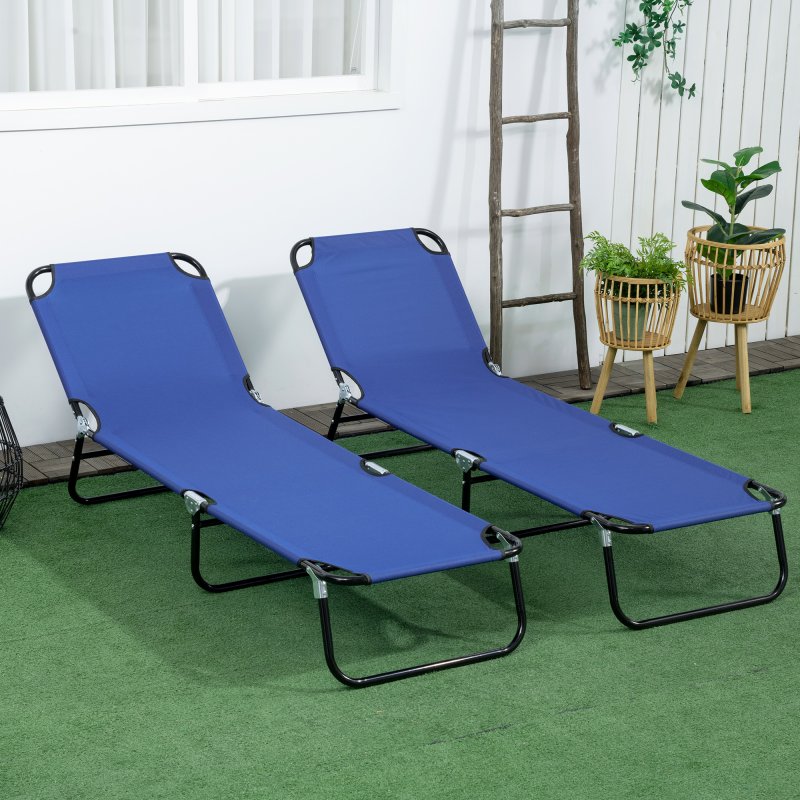 Outsunny Folding Sun Loungers Set of 2, Outdoor Day Bed with 5-Position Adjustable Backrest, Portable Recliner Garden Chairs with Breathable Mesh for Beach, Patio, Blue
