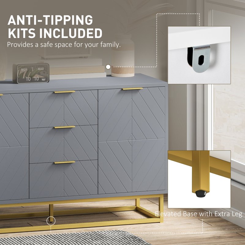 HOMCOM Sideboard for Living Room, Modern Storage Cabinet with 3 Drawers and Adjustable Shelves, Freestanding Cupboard for Dining Room, Kitchen, Grey