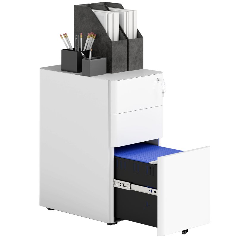 Vinsetto 3-Drawer Mobile Filing Cabinet, Steel Lockable File Cabinet for A4, Legal, Letter, Compact Under Desk Storage Unit with Pre-Assembled Body for Home Office, 30 x 45 x 59cm, White