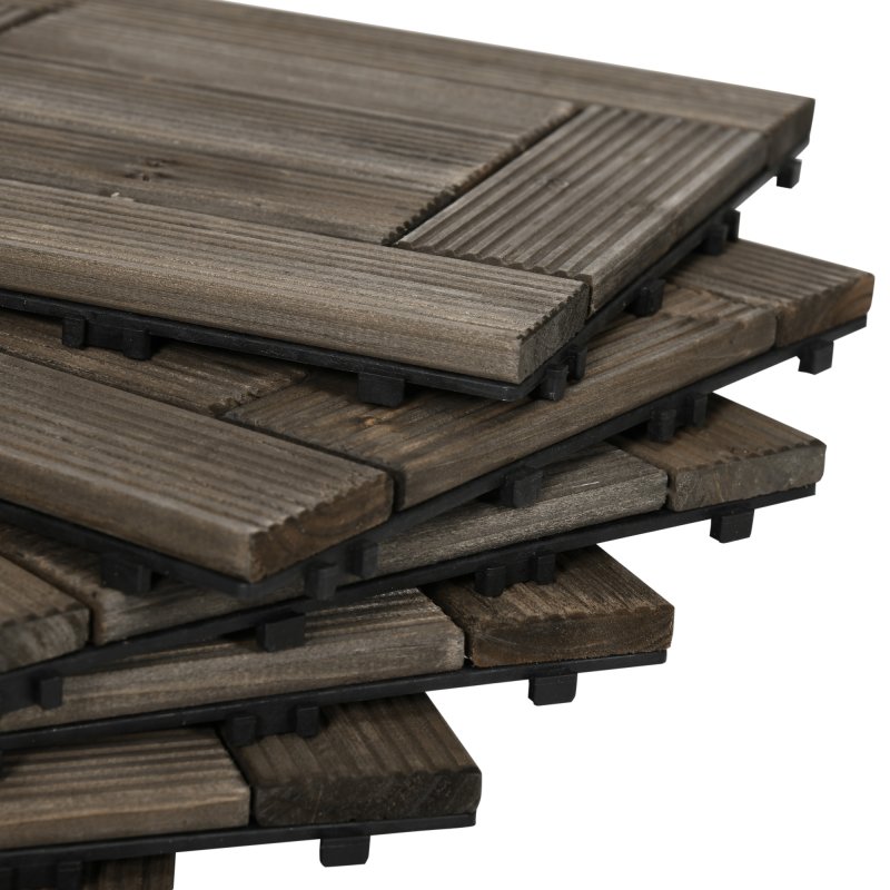 Outsunny 27 Pcs Wooden Interlocking Decking Tiles, 30 x 30 cm Outdoor Flooring Tiles, 2.5m² per Pack, for Patio, Balcony, Terrace, Hot Tub, Charcoal Grey