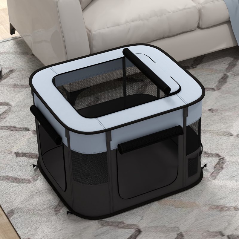 PawHut Dog Pen, Pet Playpen, Portable Foldable Dog Cat Playpen Soft Pet Cage with Storage Bag for Puppies, Rabbits, Kittens, Guinea Pigs, 74 x 60 x 45cm - Grey