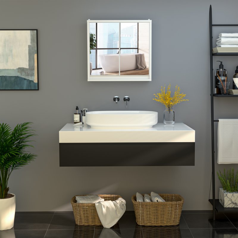 HOMCOM Bathroom Mirror Cabinet Wall Mounted Storage Shelf Bathroom Cupboard Double Door