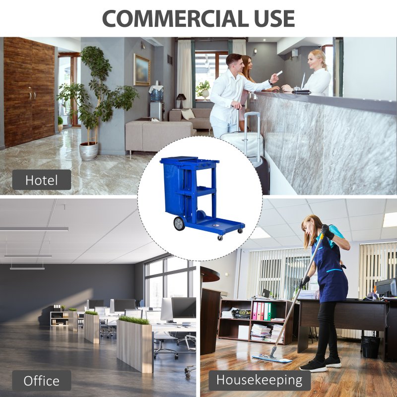 HOMCOM Cleaning Carts On Wheels, Janitorial Trolley with 3 Tier Shelves, Housekeeping Utility Service Unit with Rubbish Bag and Mop Mount for Hotel, Office, Blue